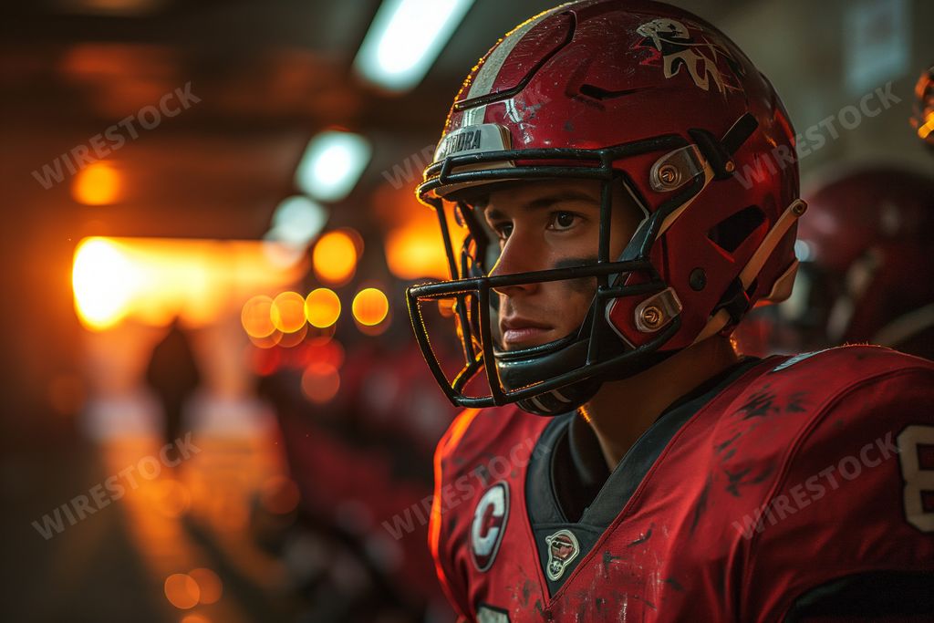 An AI-generated illustration of a young football player in his team's locker room