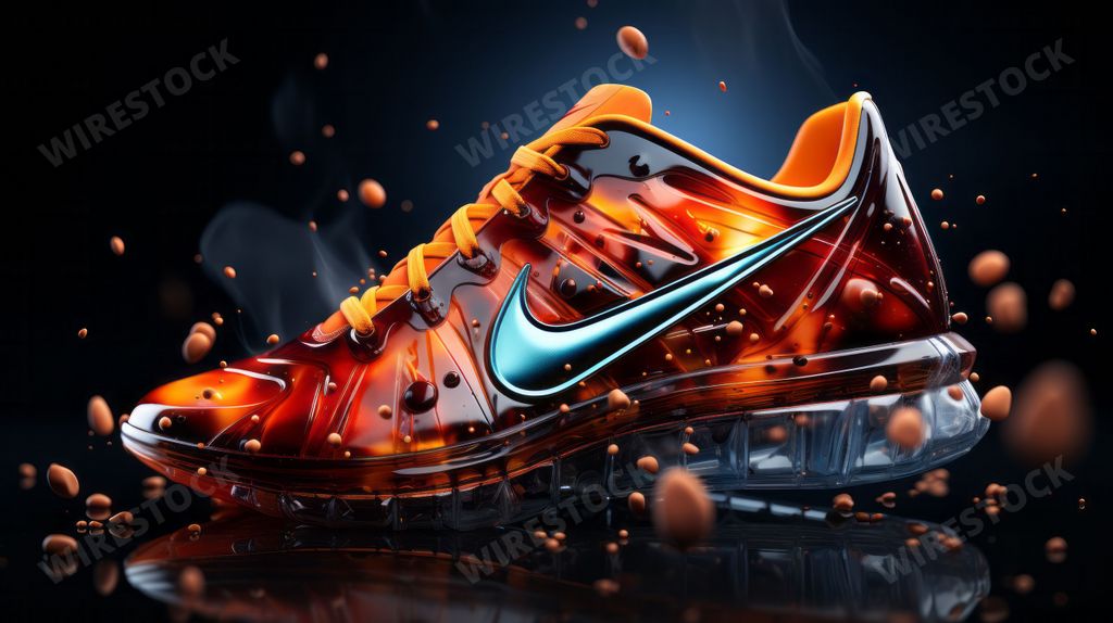 An AI generated illustration of A pair of Nike Air Vapor sneakers in flame red set against a black background with white bubbles in the foreground