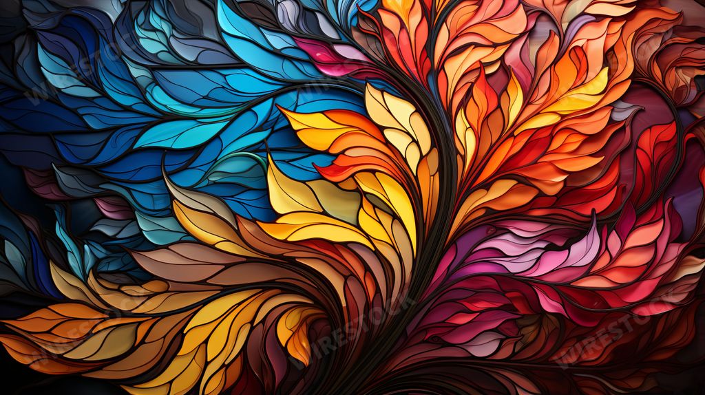 An AI generated illustration of a stained glass fractal with an intricate pattern of bright colors