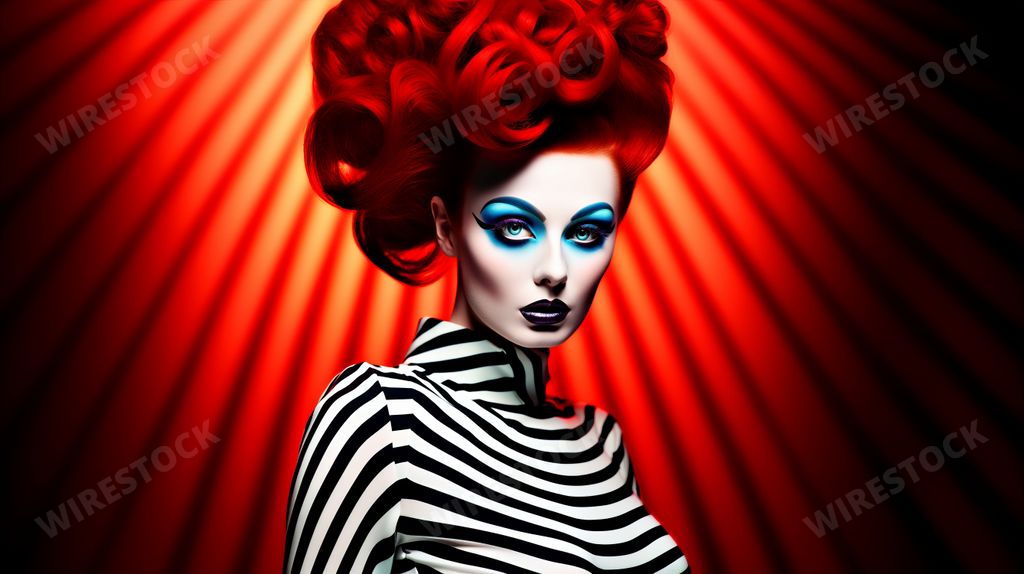 An AI generated illustration of A young  woman with red hair in a striped zebra dress with a red background