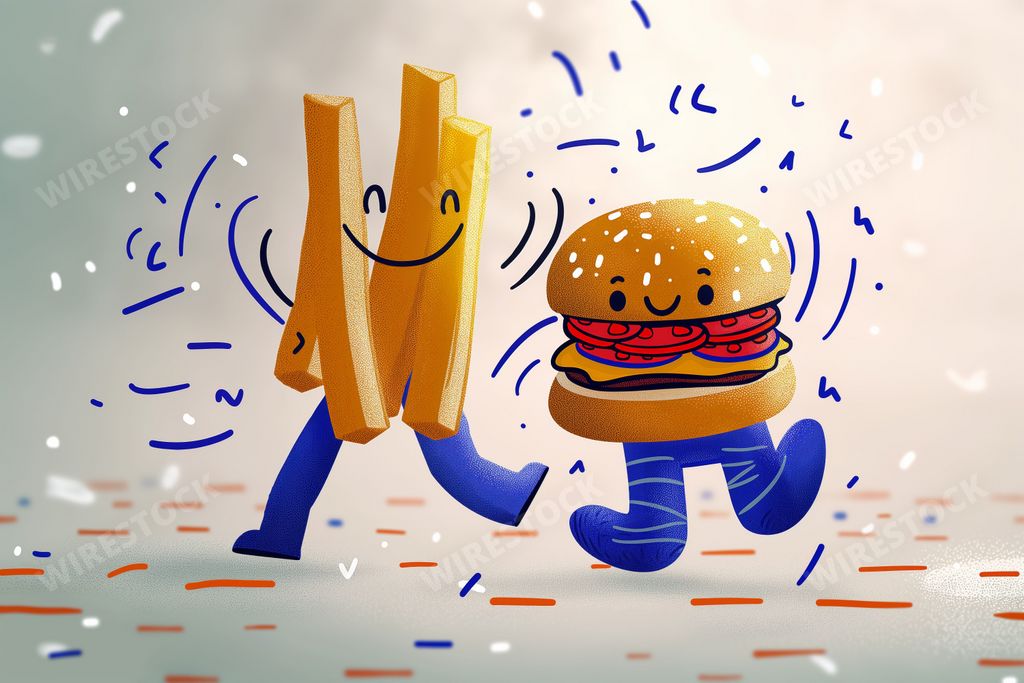 An AI generated illustration of cute animated characters of french fries and a burger dancing joyfully