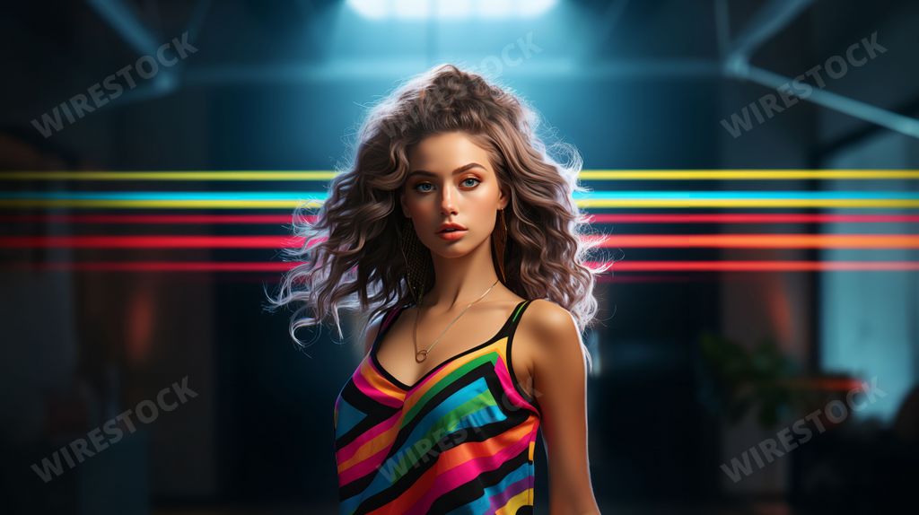 An AI generated illustration of a young female in a vibrant neon striped dress