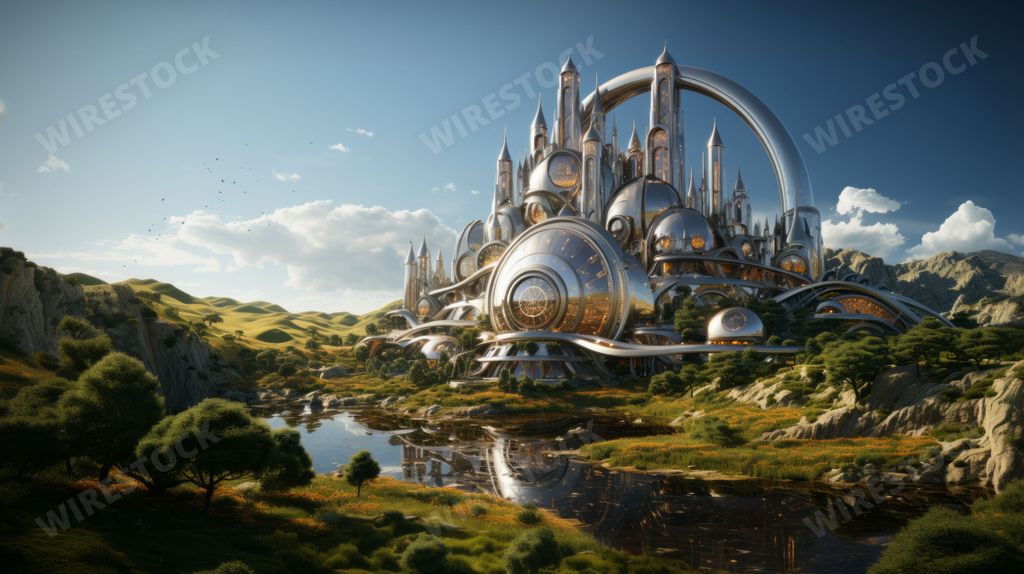 An AI generated illustration of a futuristic enchanted castle in a green landscape