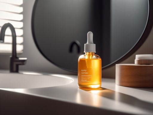 An AI-generated illustration of An iol set against a stylish round mirror in a bathroom setting