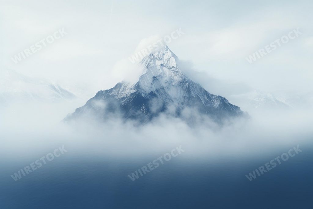 A snow-capped mountain surrounded by a sea of clouds in the distance, AI-generated.