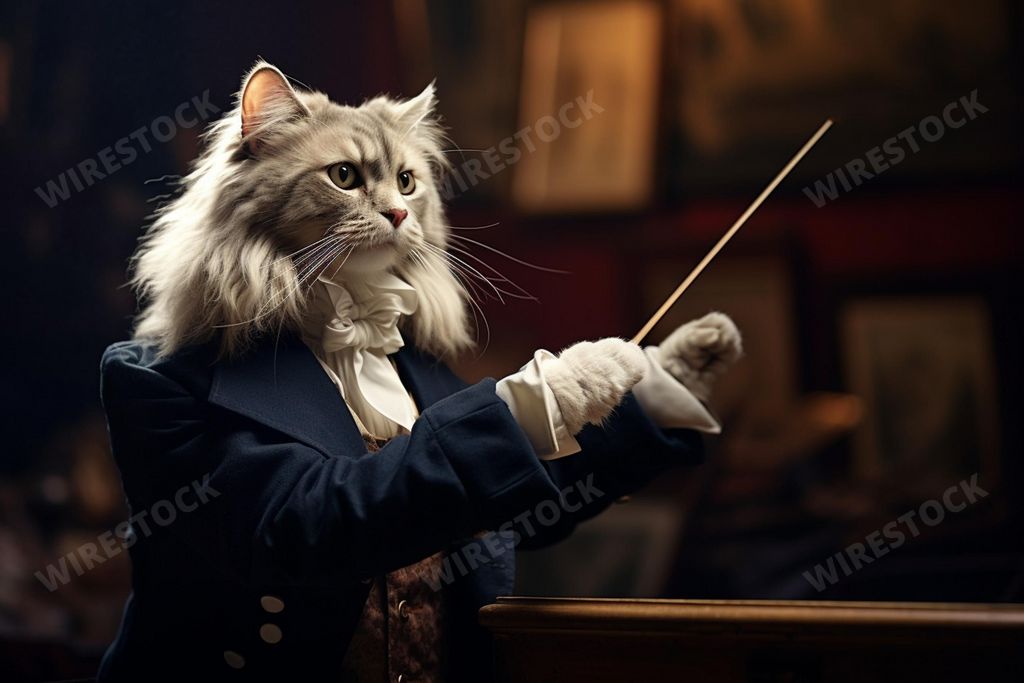 A cat in a suit composing music in front of an audience, AI-generated.