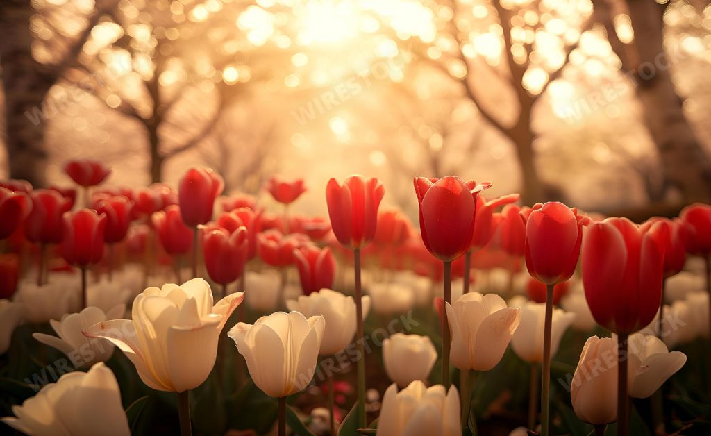 An AI generated illustration of a vibrant field of tulips bathed in warm sunlight