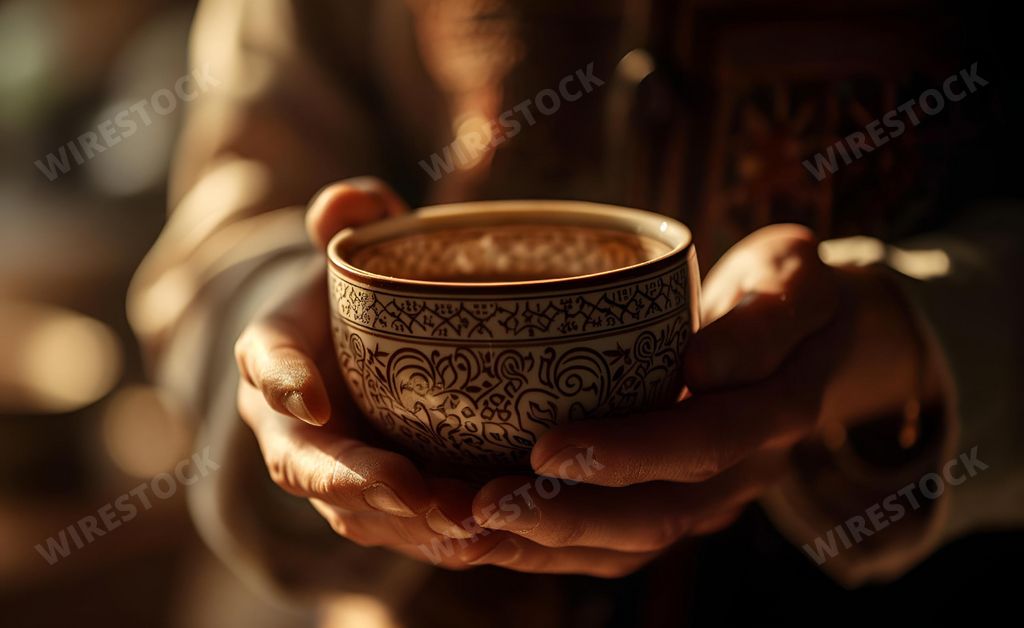 An AI generated illustration of A woman holds a steaming mug of freshly brewed coffee in her hands.
