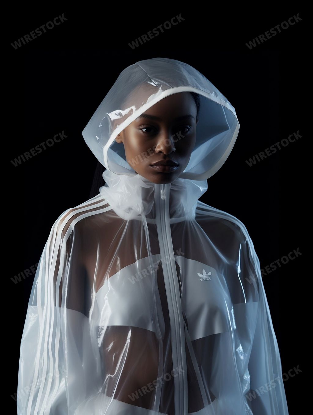 An AI generated illustration of A young woman wearing a white plastic coat