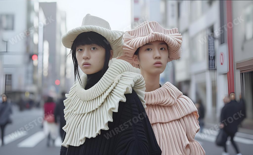 An AI generated illustration of two Asian women wearing stylish hats on a vibrant city street corner