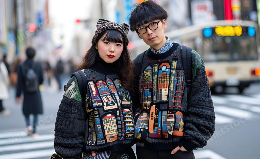 An AI generated illustration of a fashionable Asian couple posing on the street