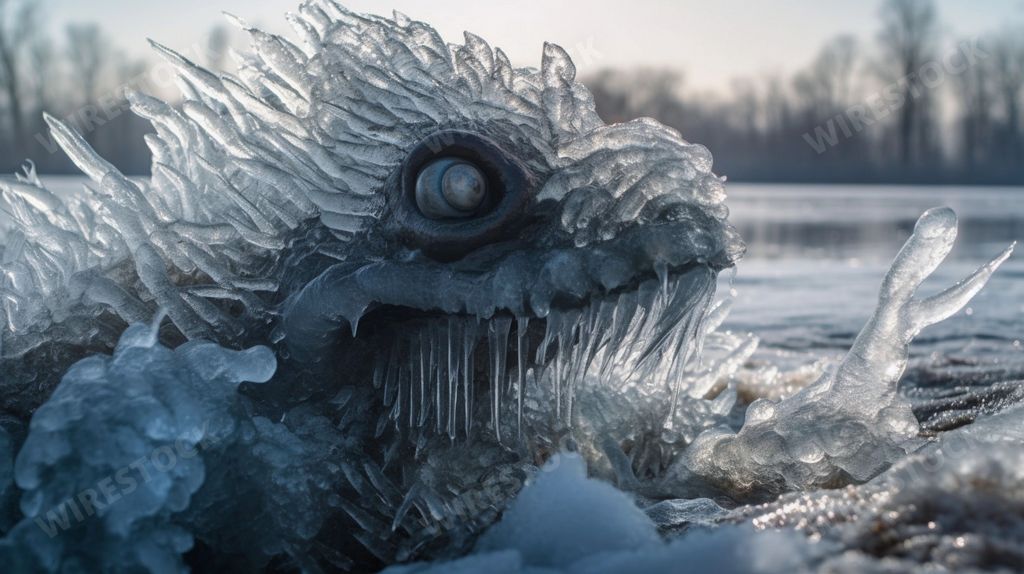 An AI generated illustration of a mythical fictitious monster character with thick fur in a snowy landscape