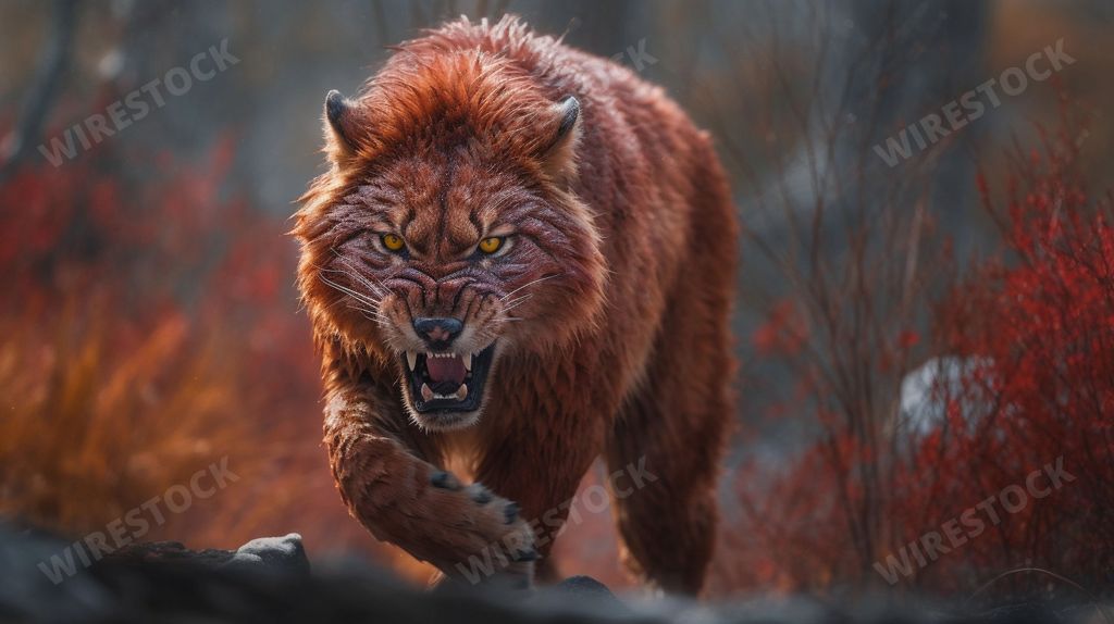 An AI generated illustration of a furious saber-toothed cat roaring and showing its sharp teeth