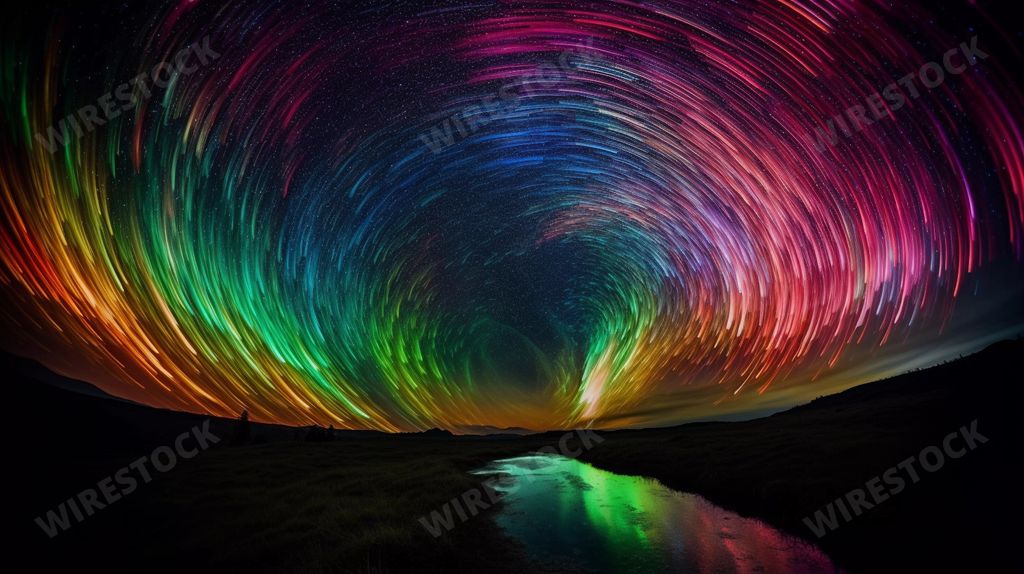An AI generated illustration of colorful Northern Lights over a field at night
