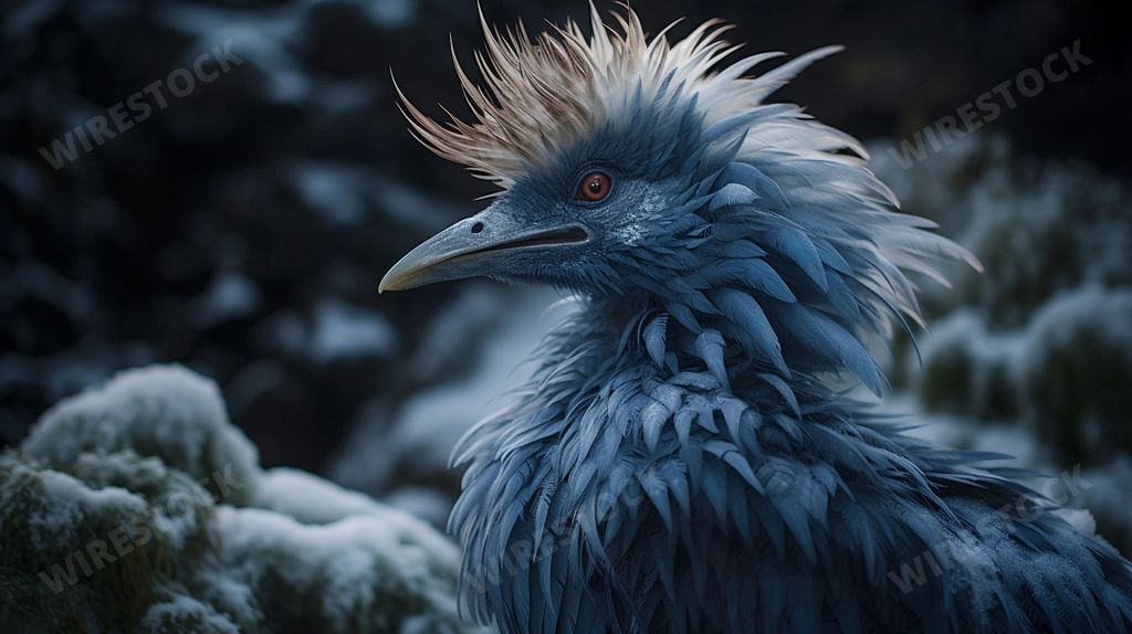 An AI generated illustration of a mythical fictitious monster character with thick fur in a snowy landscape