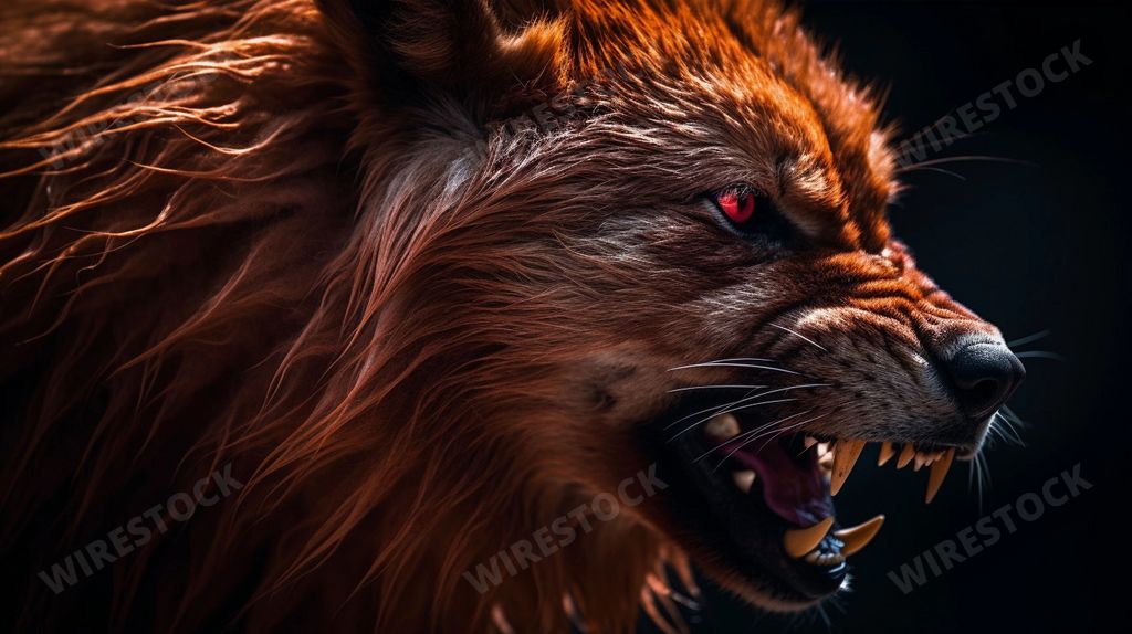 An AI generated illustration of a fictional werewolf with a menacing expression