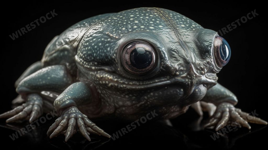 An AI generated illustration of a fictional frog on the ground, gazing to the side with its big, expressive eyes
