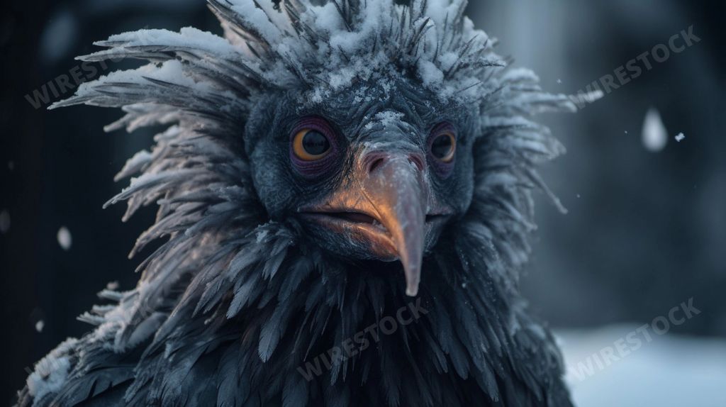 An AI generated illustration of a mythical fictitious monster character with thick fur in a snowy landscape