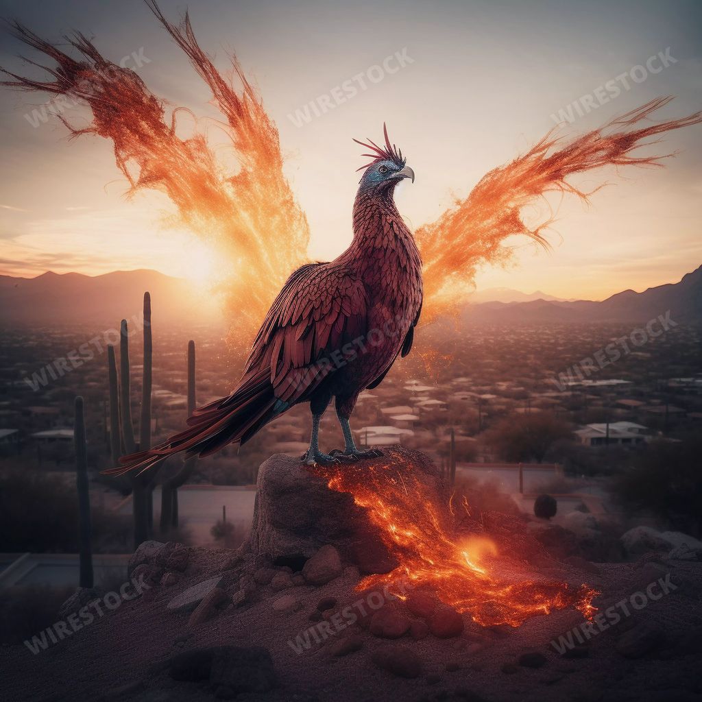 An AI generated illustration of a phoenix rising from flames in an apocalyptic setting