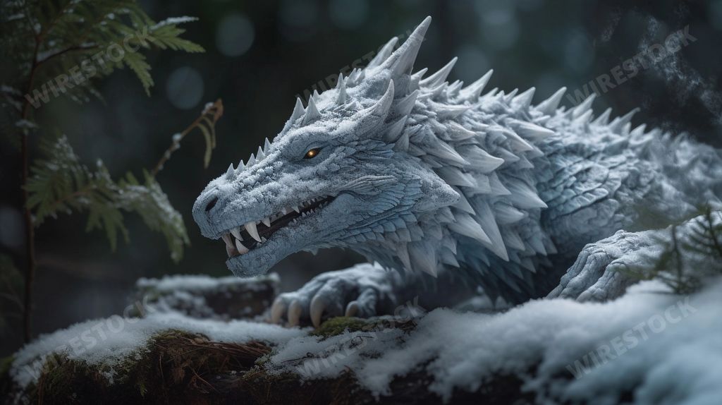 An AI generated illustration of a monster-like t-rex dinosaur standing in a snowy landscape