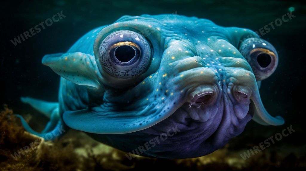 An AI generated illustration of a mysterious sea creature with cartoon-like eyes staring out of the frame