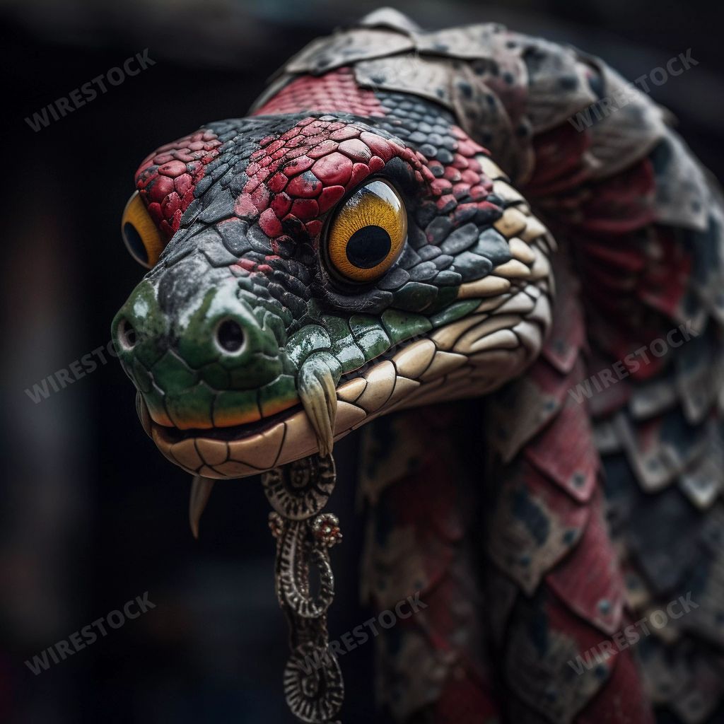 An AI generated illustration of a reptile humanoid with colorful patterned skin