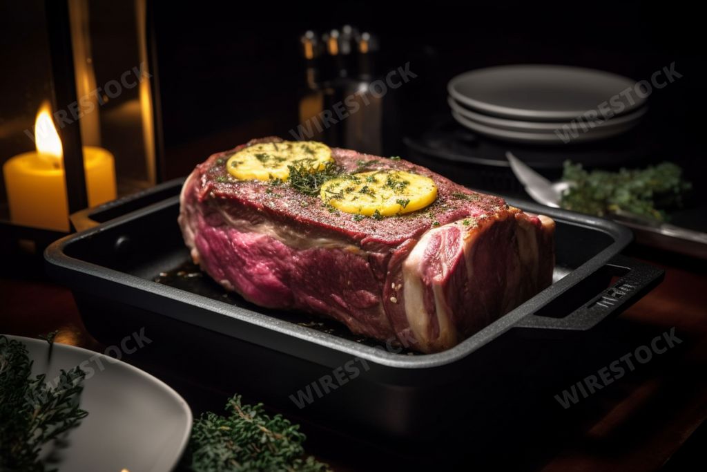 An AI generated illustration of a ribeye steak with garlic butter in a pan