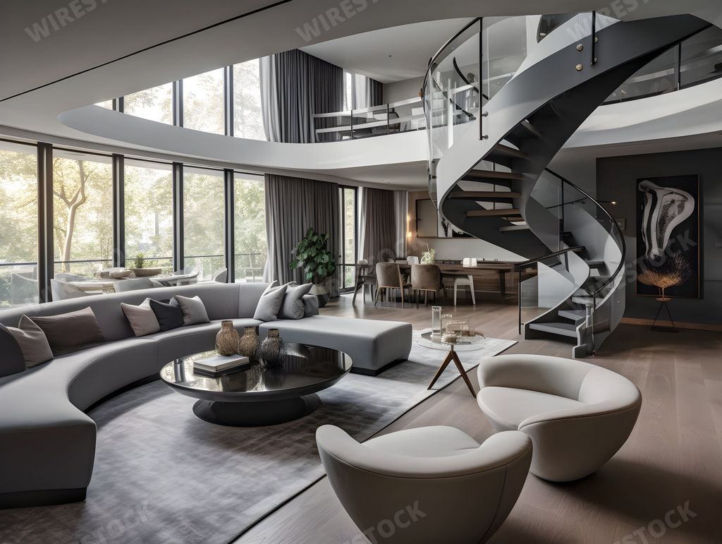 An AI generated illustration of a modern living room with a chic, contemporary design in a neutral gray color palette