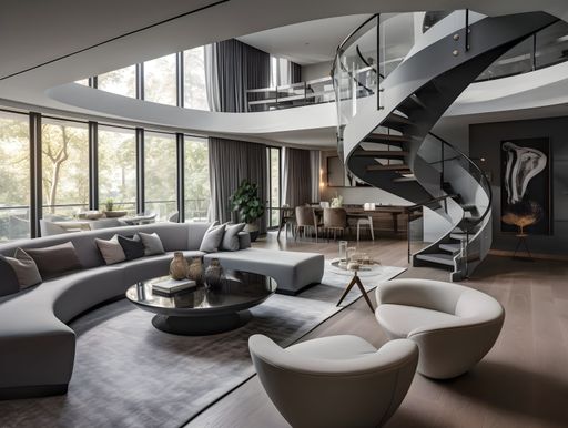 An AI generated illustration of a modern living room with a chic, contemporary design in a neutral gray color palette