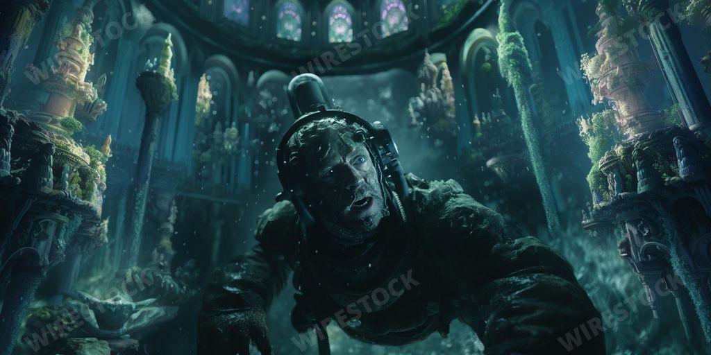 An AI generated illustration of a scuba diver exploring the lost city of Atlantis