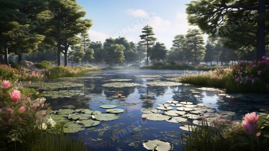 An AI generated illustration of a tranquil landscape featuring a pond full of lily pads and lush vegetation