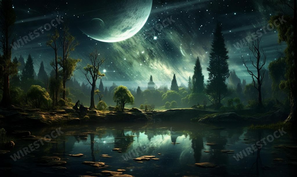 An AI generated illustration of a stunning, vibrant landscape featuring a dark and mysterious forest lit up by a strange and otherworldly moon
