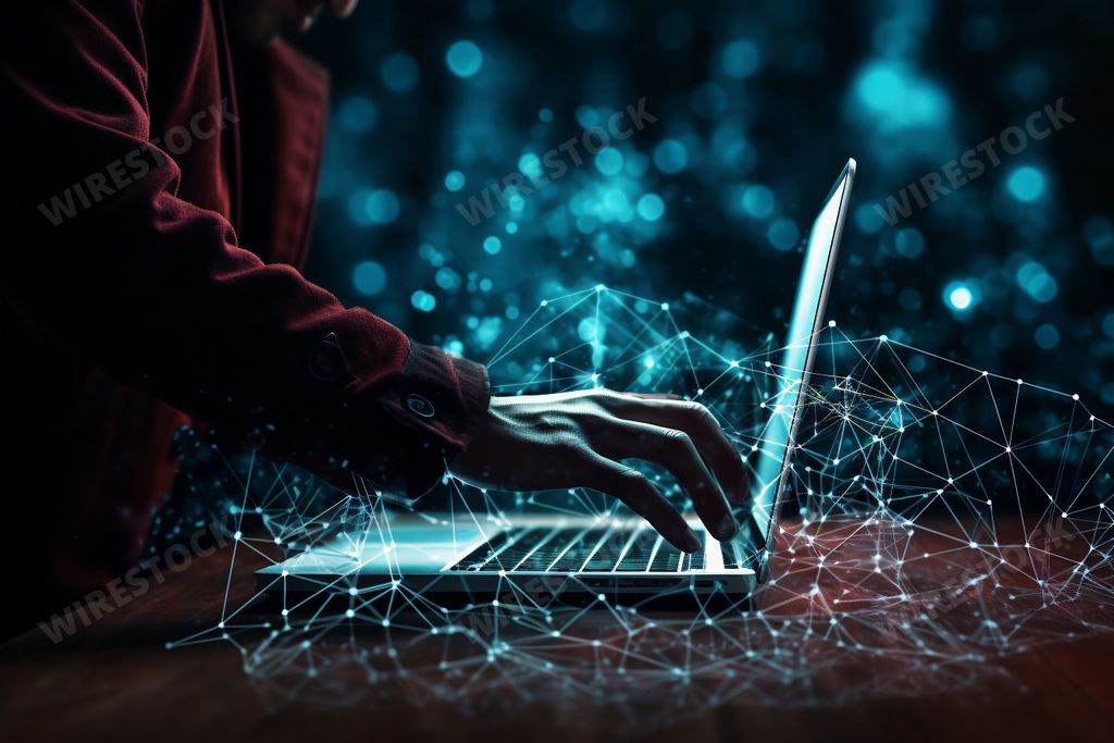 An AI generated illustration of An adult person is using a laptop computer, their hands touching the screen as they focus on the task at hand