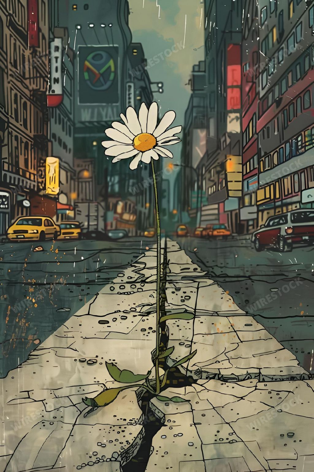 An AI generated illustration of A single flower emerging from cracked ground