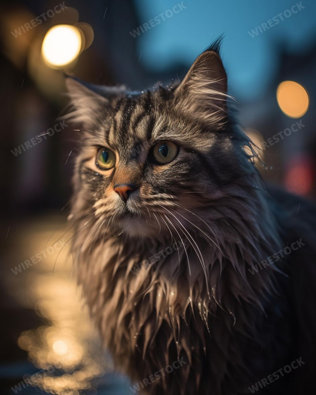 An AI generated illustration of an adorable wet cat sitting on the ground at night