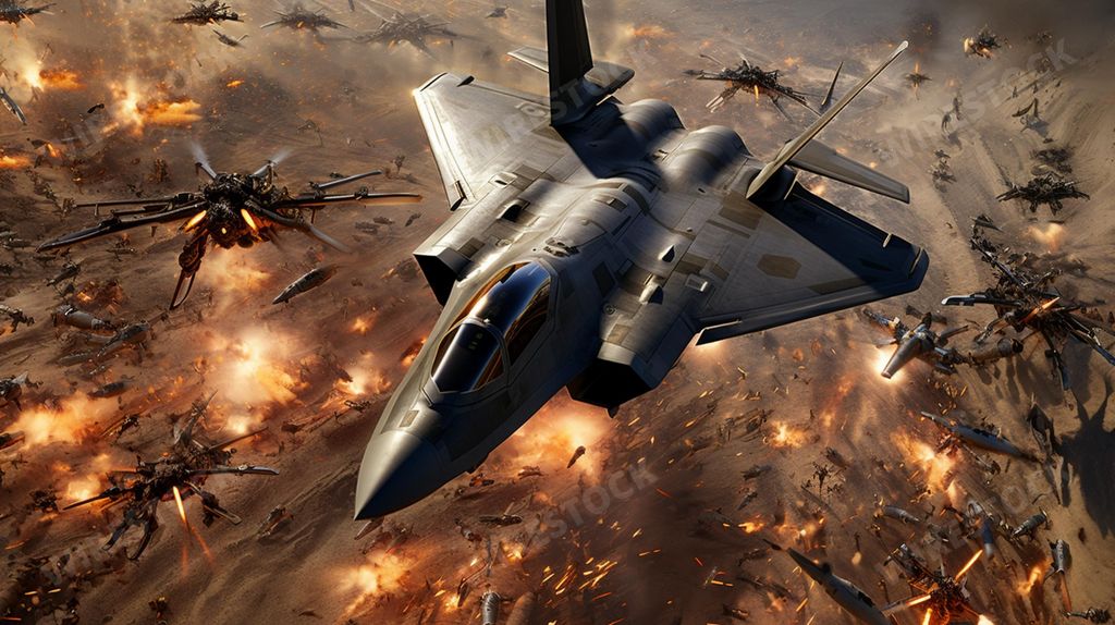 An AI generated illustration of a fighter jet soaring  against a backdrop of billowing smoke