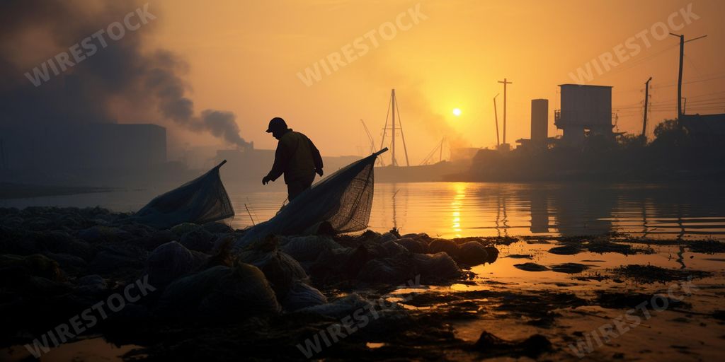 An AI illustration of An adult Caucasian male stands on a rocky beach shoreline, with several wooden boats in the distance bobbing on the waves in a t