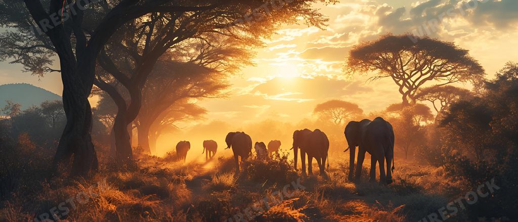An AI illustration of a group of elephants standing in the grass in front of a tree.