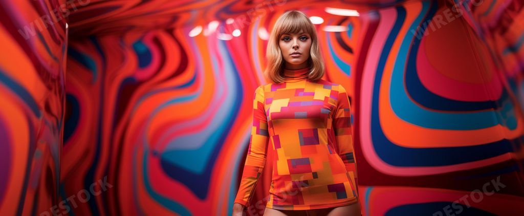 A young blonde woman wearing a vibrant orange top and light pink pants stands in front of a colorful backdrop of bright colors