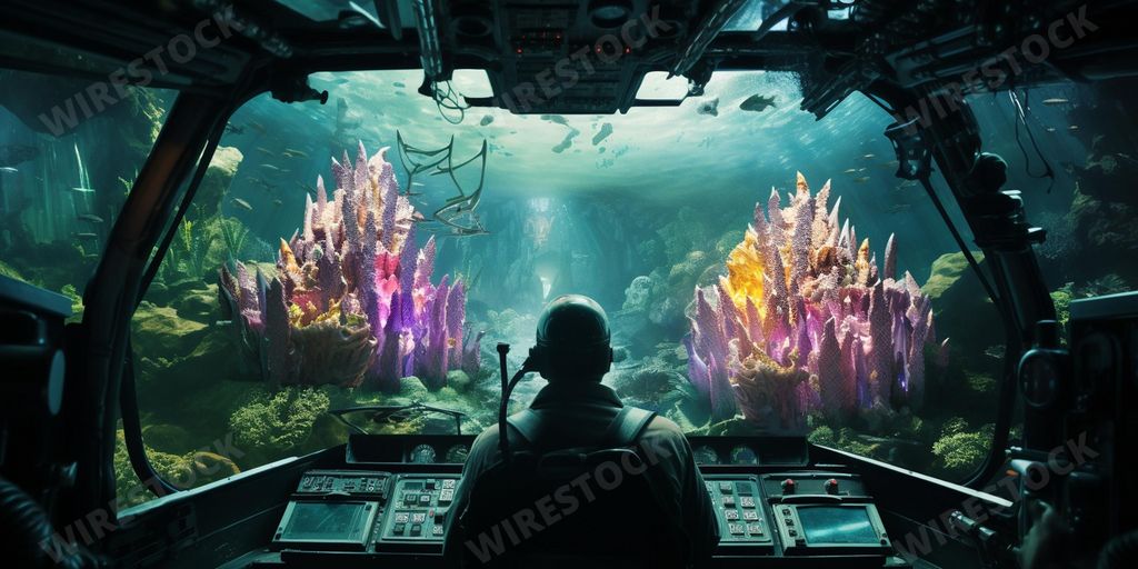 An AI generated illustration of a person in a submarine diving to explore the lost city of Atlantis