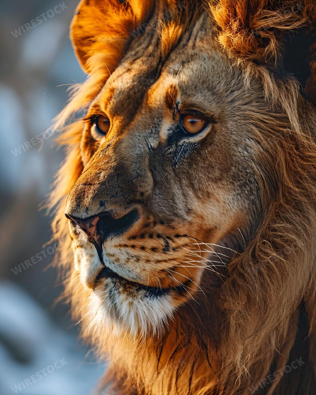 An AI illustration of a closeup headshot of a wild lion.