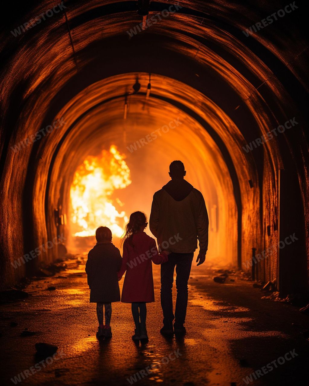 An AI generated illustration of a loving father holding two children close in a tunnel, as they look on in awe at the blazing fire in front of them