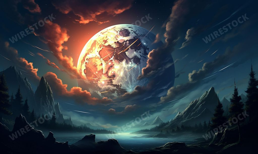 An AI generated illustration of a planet, with a few clouds scattered in the sky and some other planets