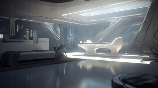 An AI generated illustration of a modern bedroom with a clean, white bed and chair with a sunlight