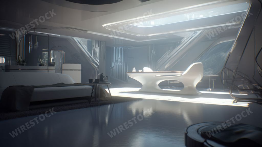 An AI generated illustration of a modern bedroom with a clean, white bed and chair with a sunlight