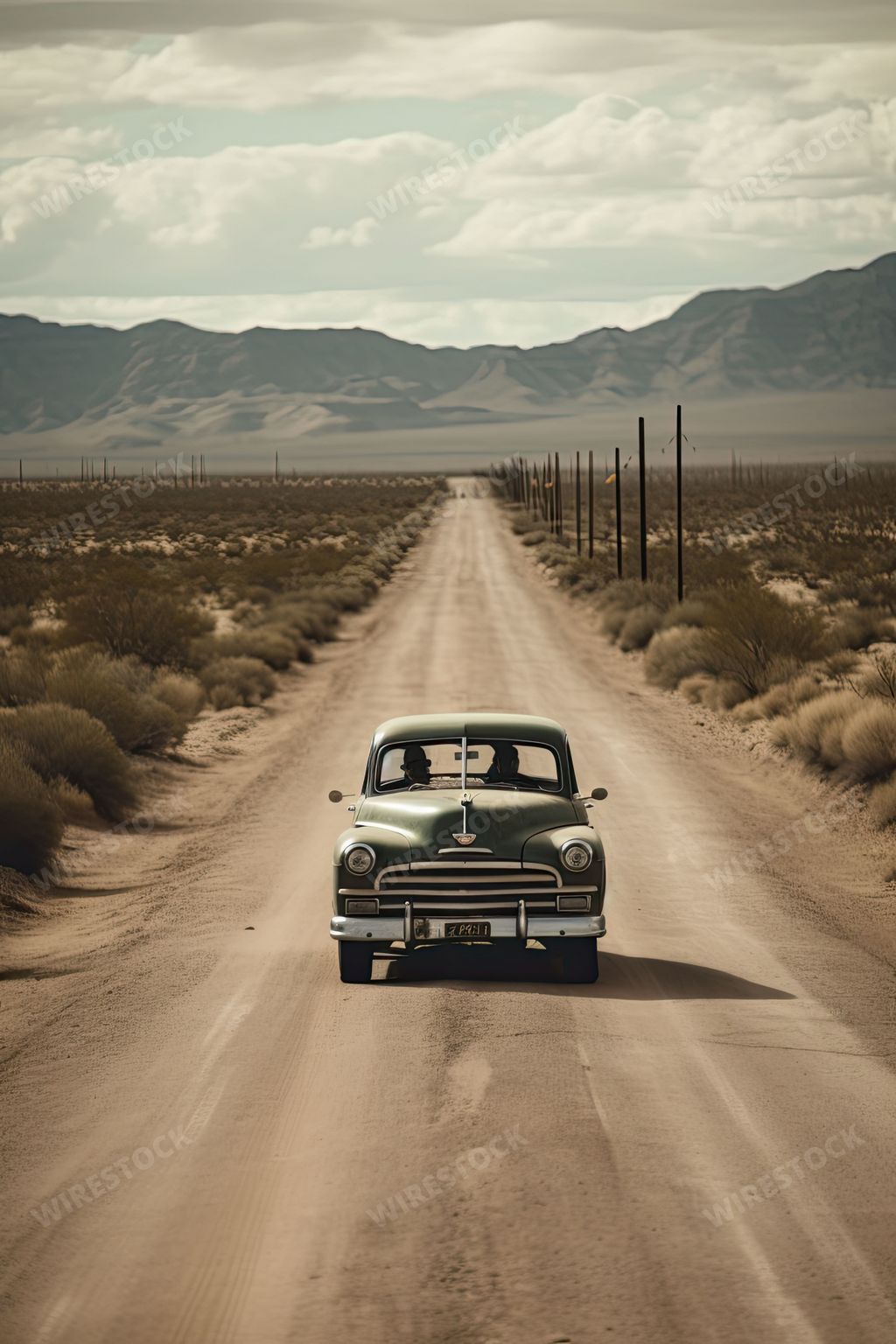 An AI generated illustration of A vintage car driving down a dirt road with mountain in the background