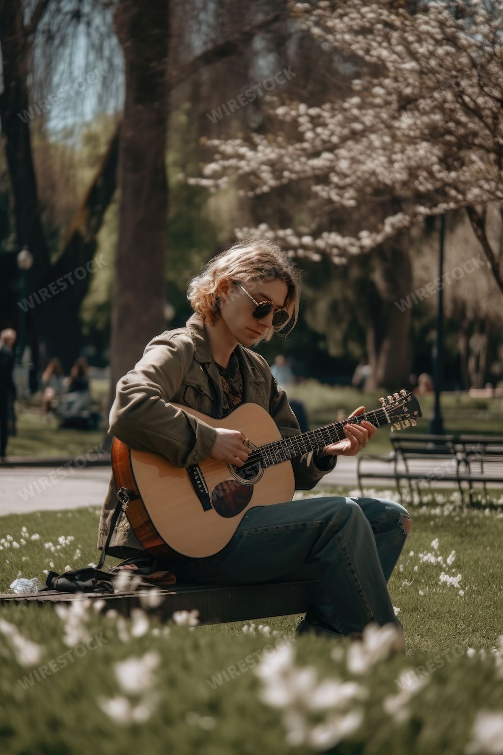 An AI generated illustration of A young person is playing a guitar in a park on a sunny day