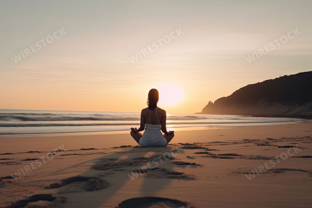 An AI generated illustration of A young woman is meditating on the beach