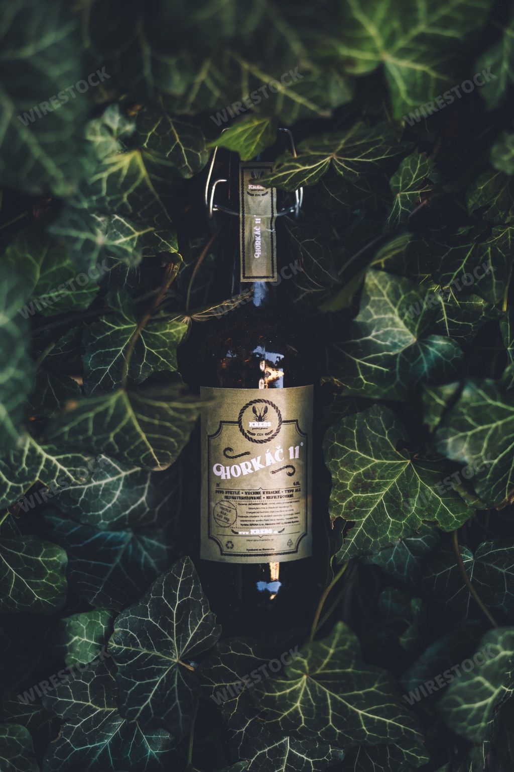 A vertical shot of a craft beer on the leaves background
