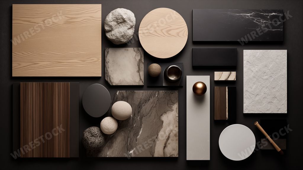 AI generated image - interior design material moodboard with natural materials combined with black colors